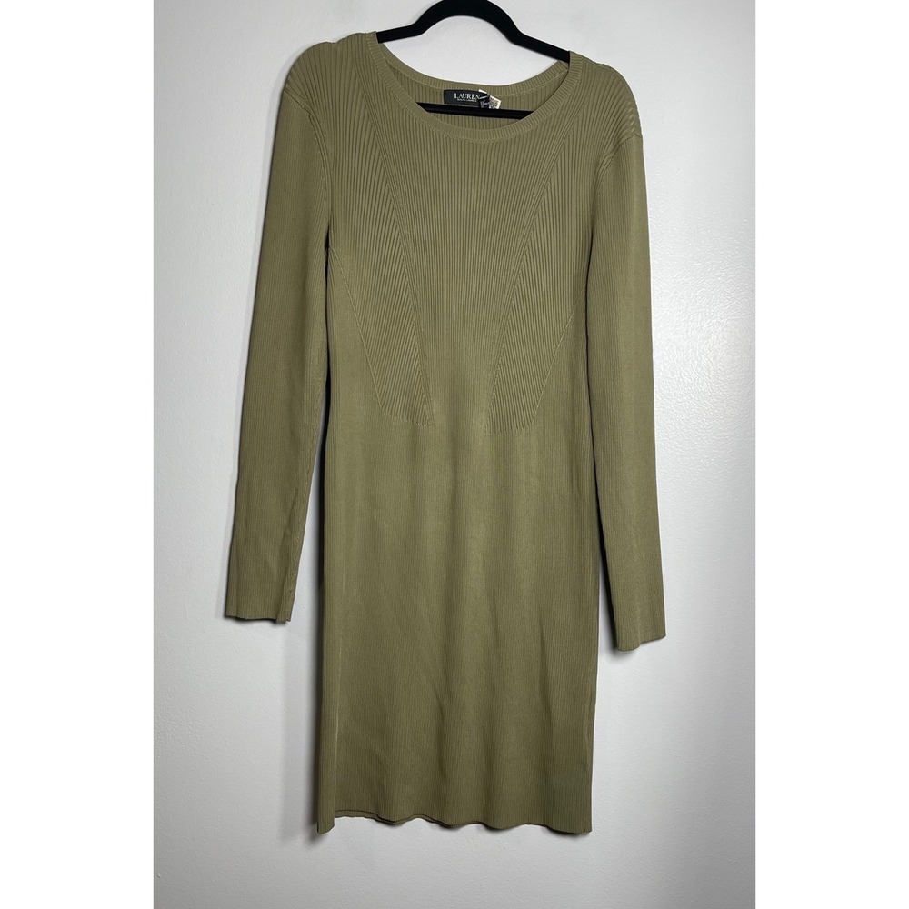 LAUREN RALPH LAUREN Black Label Rib-Knit Long-Sleeve Dress XL Olive Green‎ NEW - Picture 2 of 12